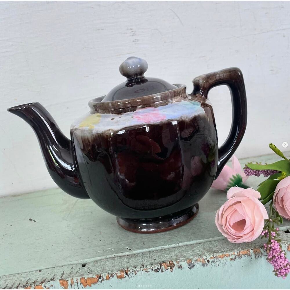Vintage Lusterware Brown Drip Pottery Teapot for One Marked H32-39 Japan